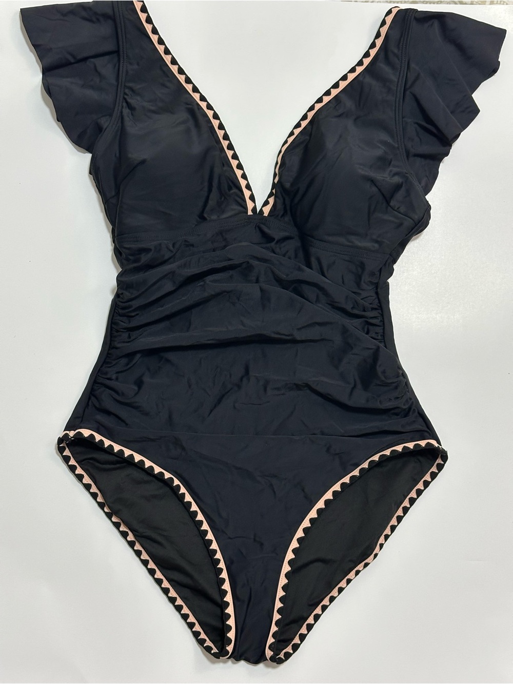 Aidonger One-Piece Swimsuit - Elegant Black Scalloped Trim - Size M